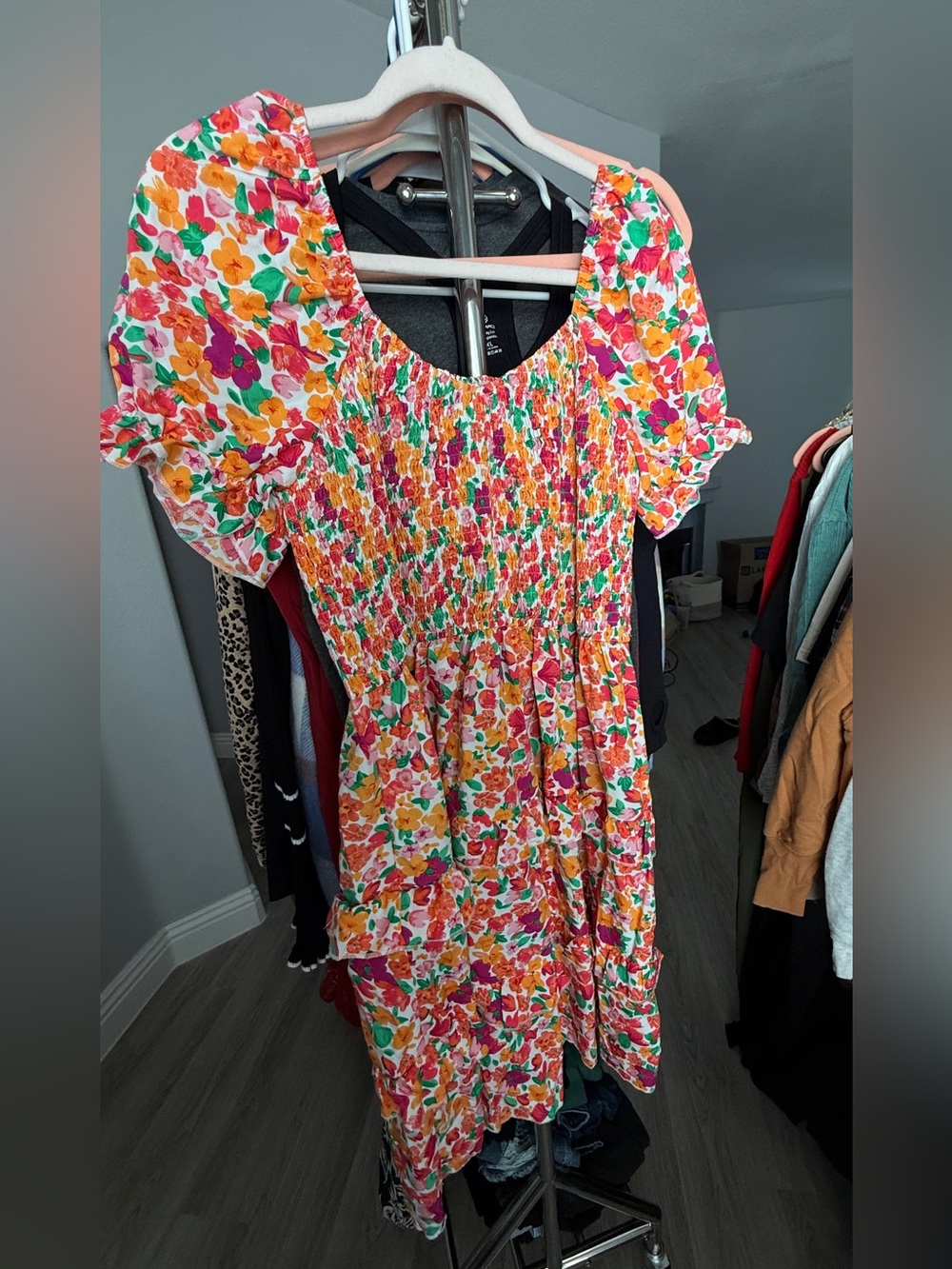 Floral Shirred Waist Puff Sleeve Midi Dress